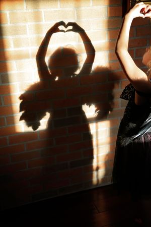 Shadow of a girl with angel wings forming a heart with her hands on a sunlit brick wall.