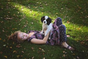 A girl lies on sunlit green grass among fallen leaves, gently cuddling a black and white cavalier spaniel puppy.