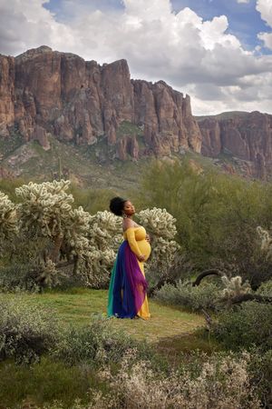 A pregnant woman in a flowing yellow and rainbow gown poses among cholla cactus with red desert cliffs behind her.