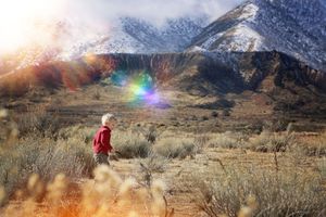 A young child in a red jacket walks through dry desert grass toward snow-capped mountains, with warm sunlight and colorful lens flare.