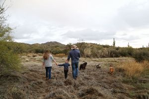 A man in a cowboy hat and a woman walk hand in hand with a young boy through dry grass toward desert hills and dogs ahead.