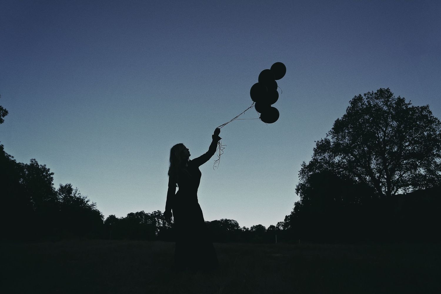 Silhouette of a woman holding a bunch of dark balloons against a deep blue twilight sky with trees in the background.