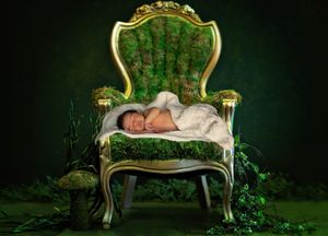 Sleeping newborn baby wrapped in a soft blanket on an ornate gold chair covered in moss in a magical forest setting.