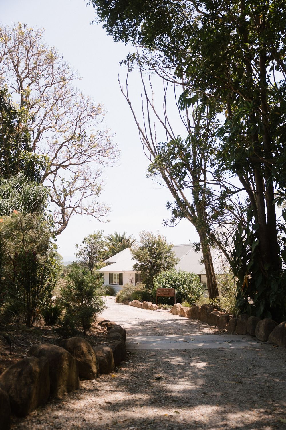 A gravel path winds through lush trees leading to a white country house on a sunny day.