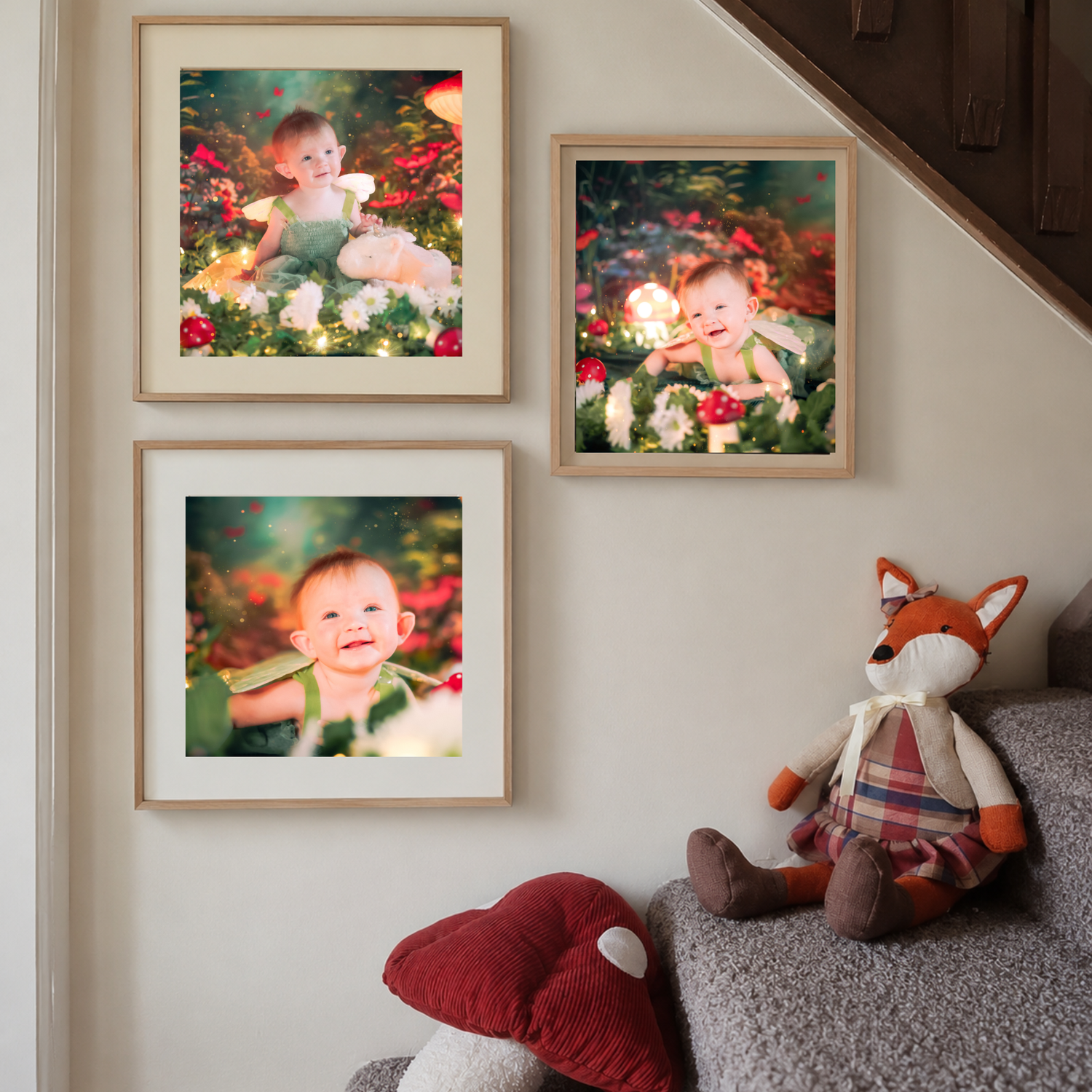 Three framed baby photos on a wall near stairs, with a fox stuffed animal and mushroom pillow below.