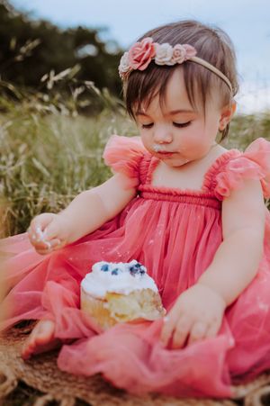 Baby girl in pink tulle dress exploring smash cake in field.
