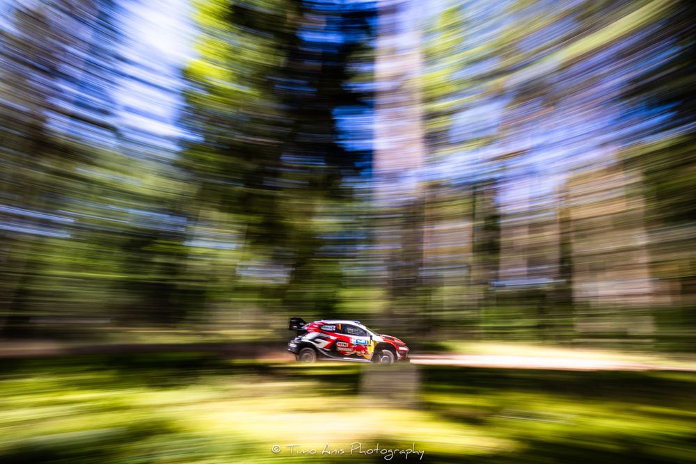 Rally car speeding through a forest stage, captured with motion blur effect showing vibrant green trees and dynamic movement.