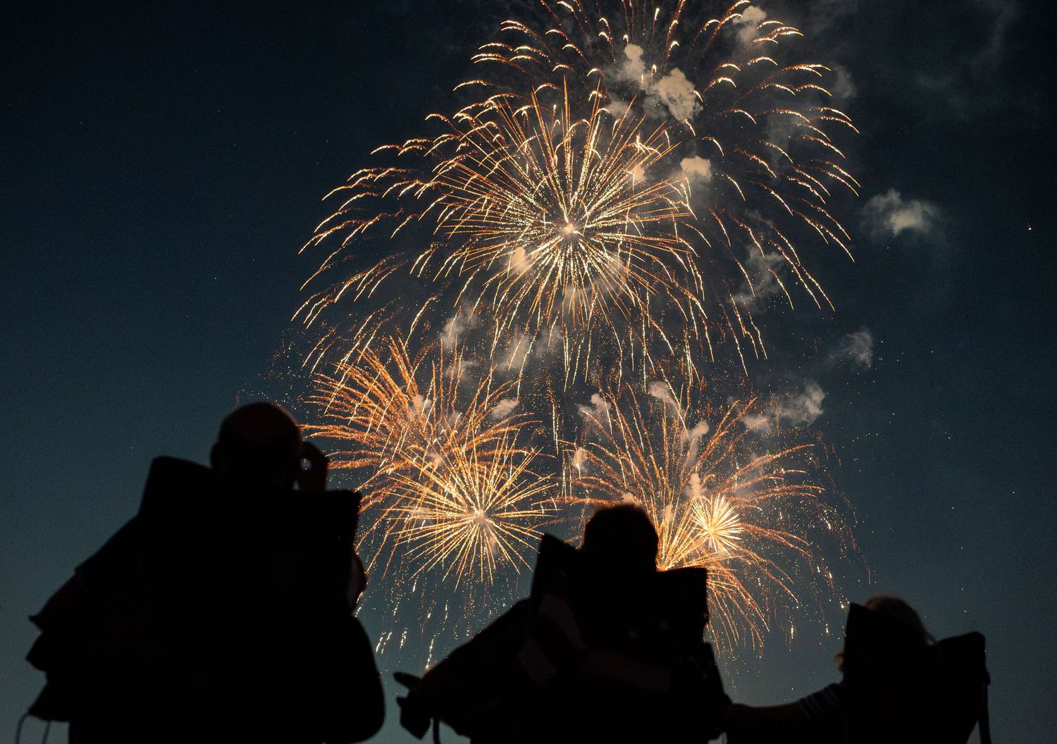 Silhouetted crowd watches vibrant golden fireworks burst against dark night sky in a stunning outdoor celebration display.