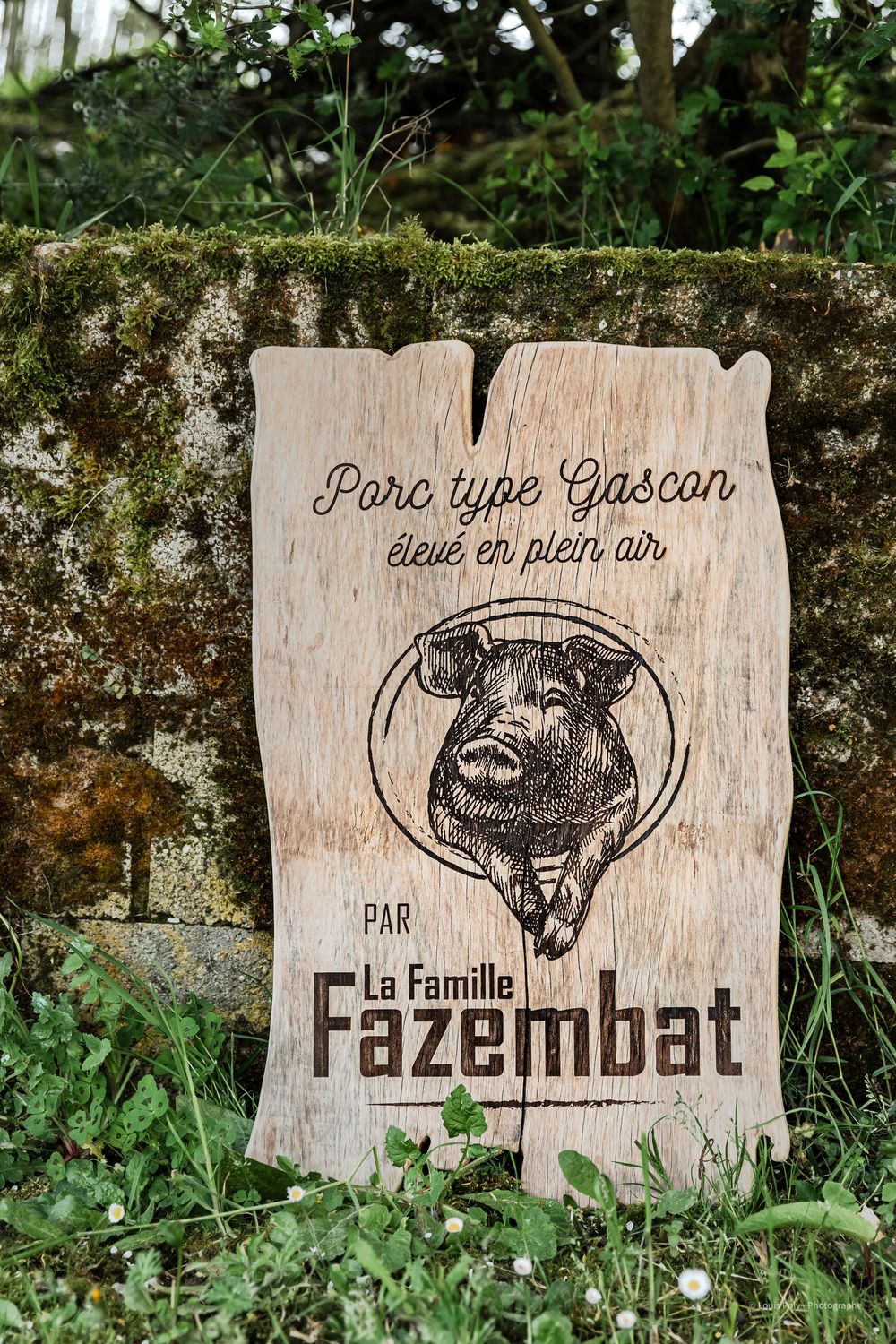 Wooden sign for La Famille Fazembat advertising Gascon pork raised outdoors, featuring a pig illustration.