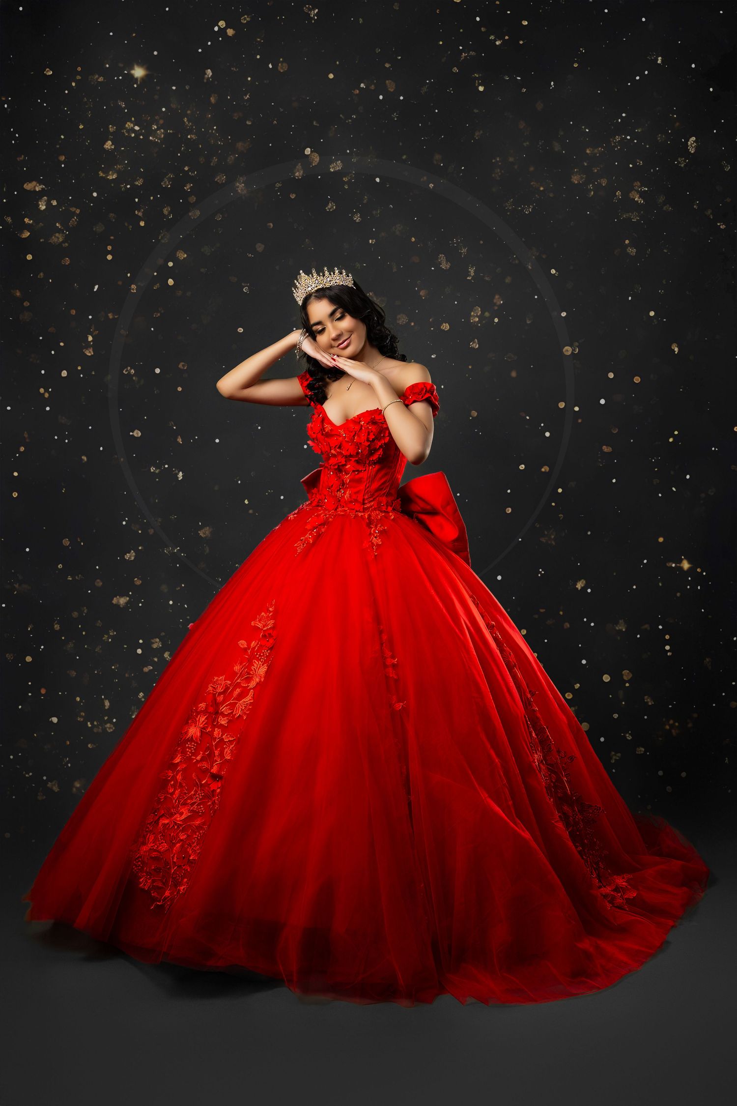 Woman in elegant red ball gown with crown poses gracefully against dark starry background.