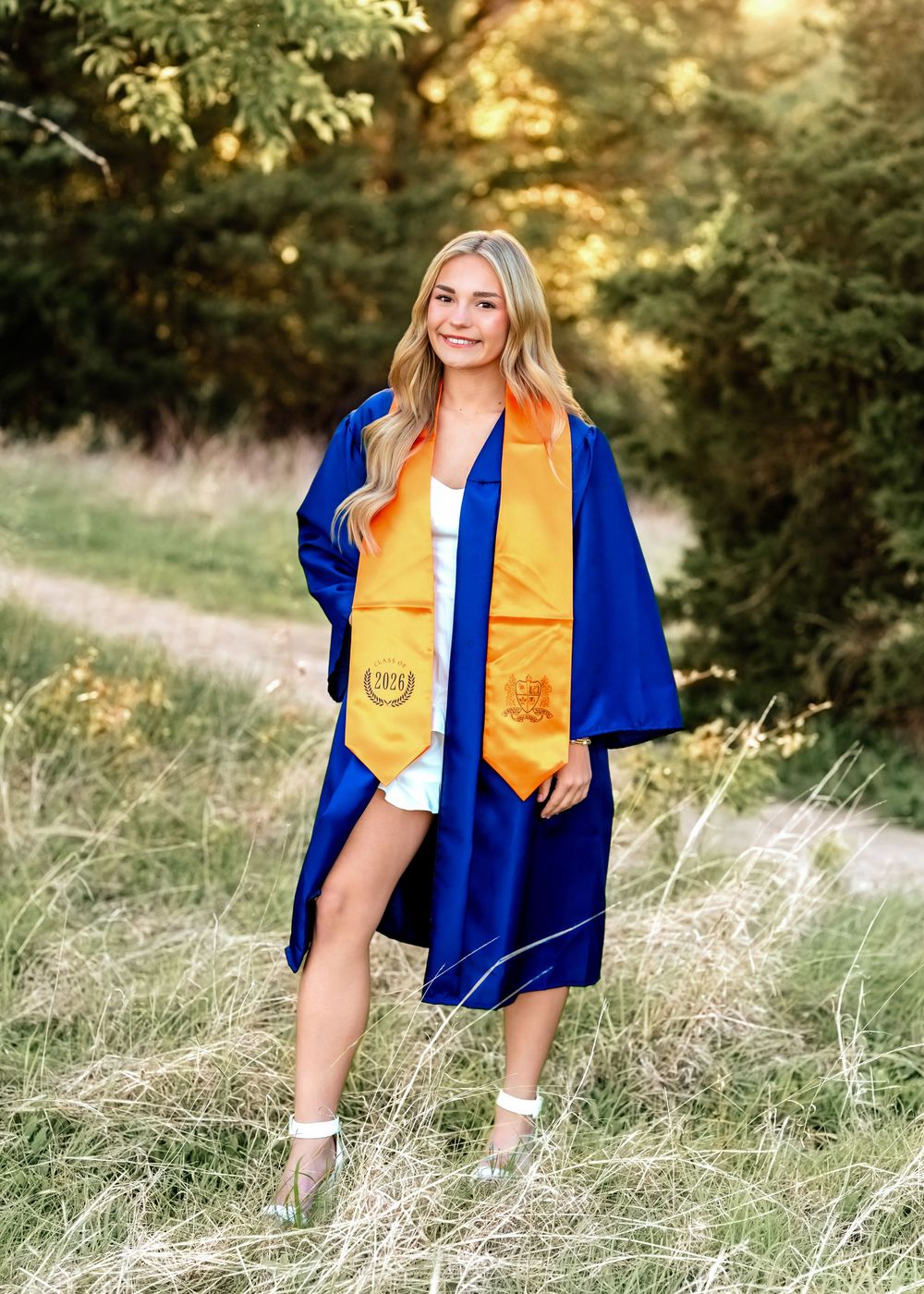 Smiling graduate in blue cap and gown with gold stole poses outdoors in a grassy field surrounded by trees.