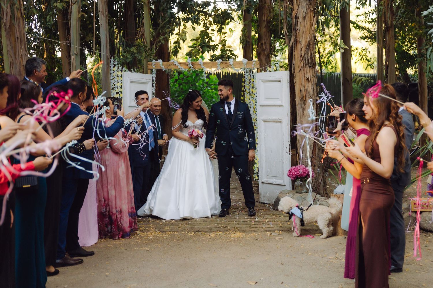 Bride and groom walk through ribbon wand sendoff with wedding party cheering in tree-lined outdoor venue.