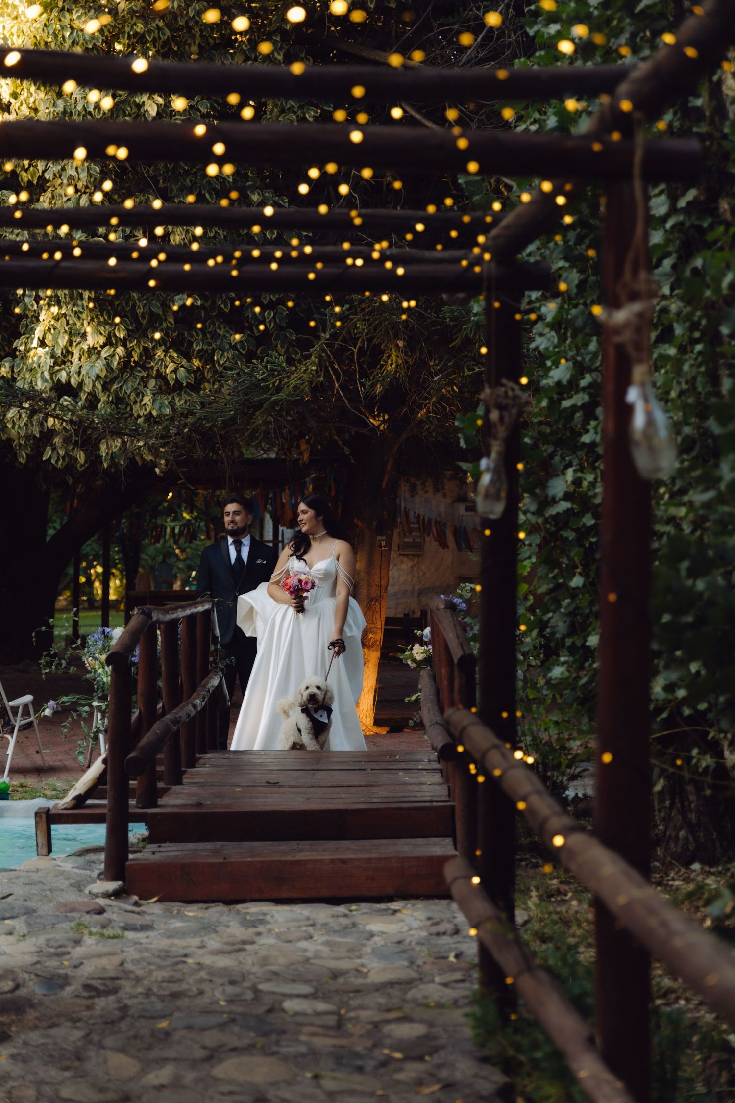 Bride and groom walk their white dog across a wooden bridge adorned with warm string lights at twilight.