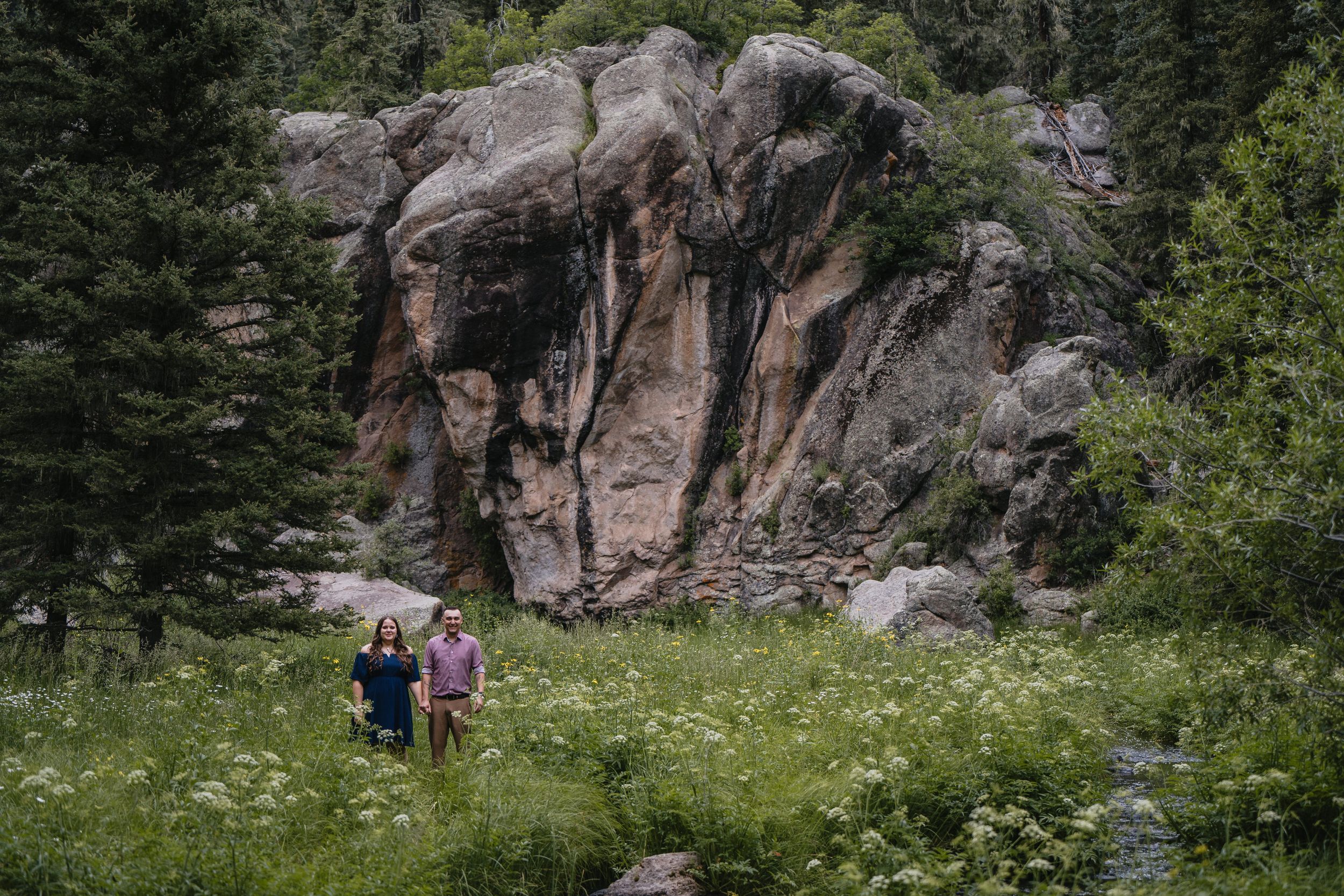 Couple standing in a lush green meadow surrounded by tall pine trees and dramatic rocky cliffs in a mountain landscape.