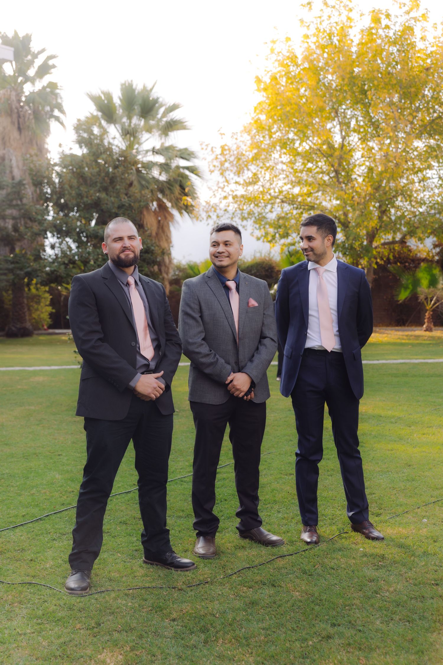 Three groomsmen in dark suits with pink ties smiling together on green lawn at outdoor wedding.