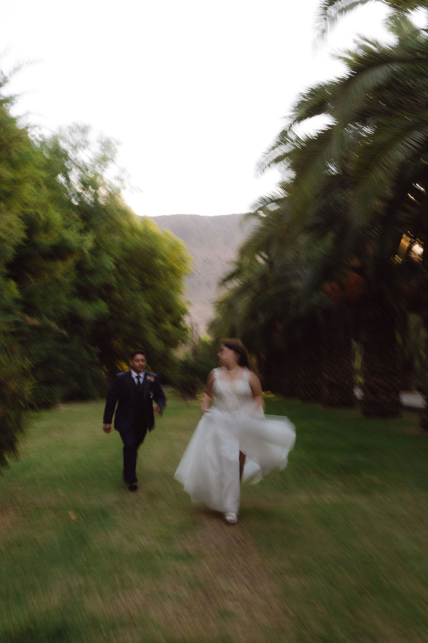 Blurred motion shot of bride and groom walking through a lush palm-lined garden path.