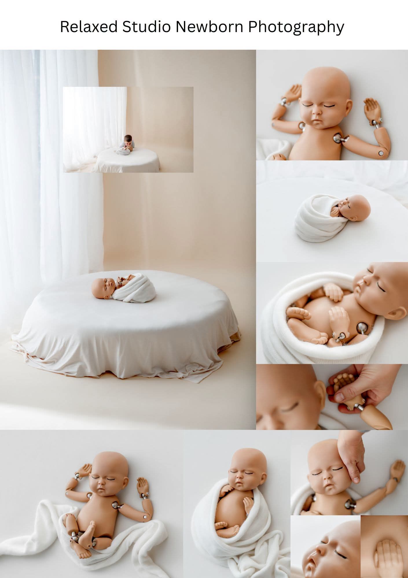 Relaxed studio newborn photography collage featuring a sleeping baby wrapped in white fabric with delicate accessories.