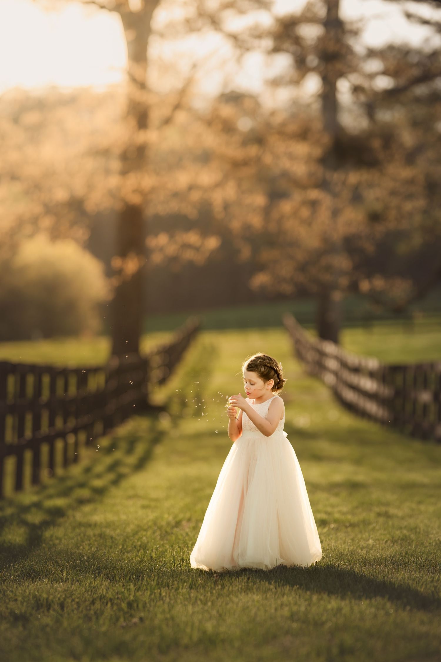 A flower girl in a white dress stands on a lush green path at golden hour, gently tossing petals.