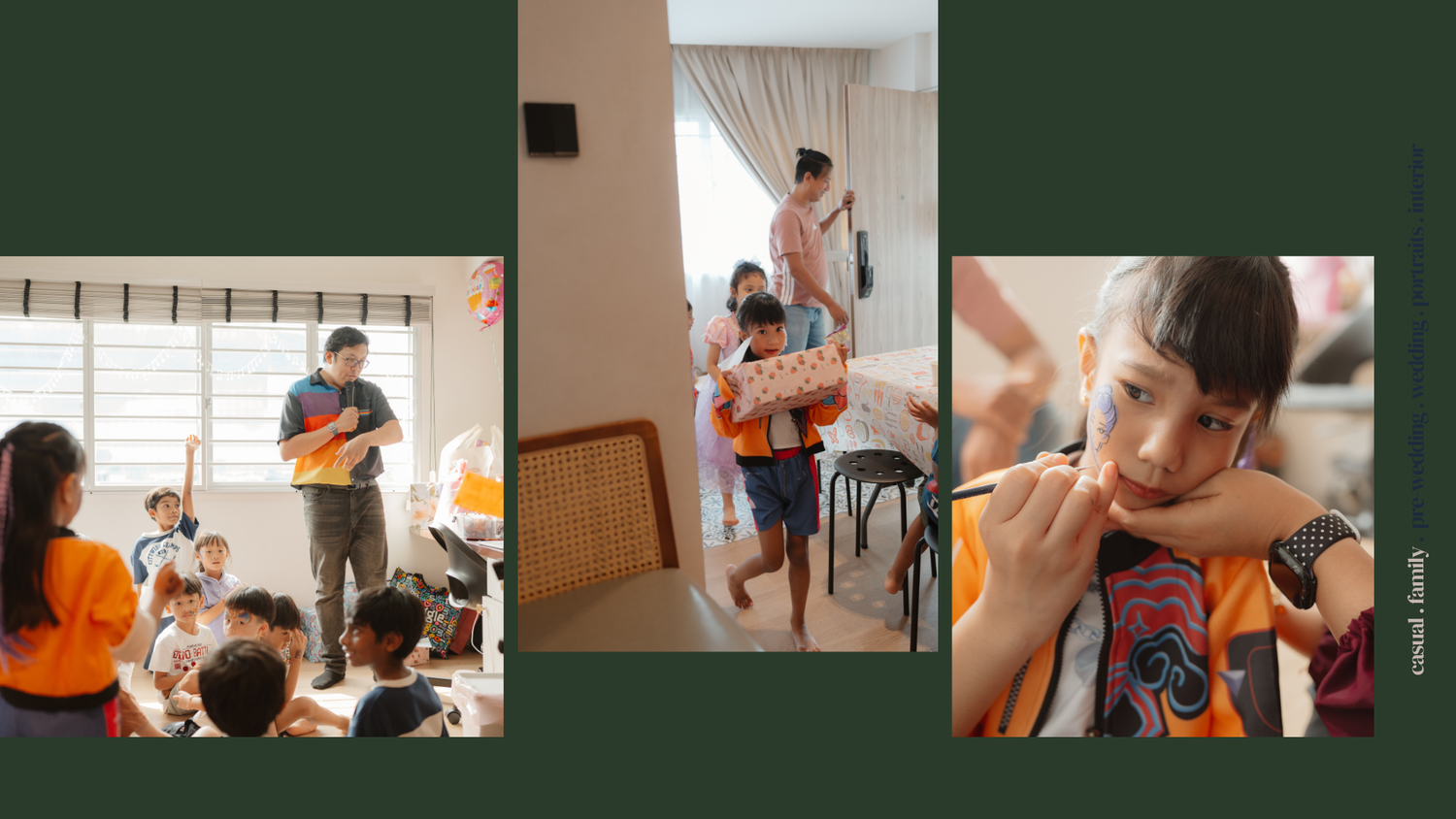 Collection of photographs arranged in a collage layout against a deep red background.