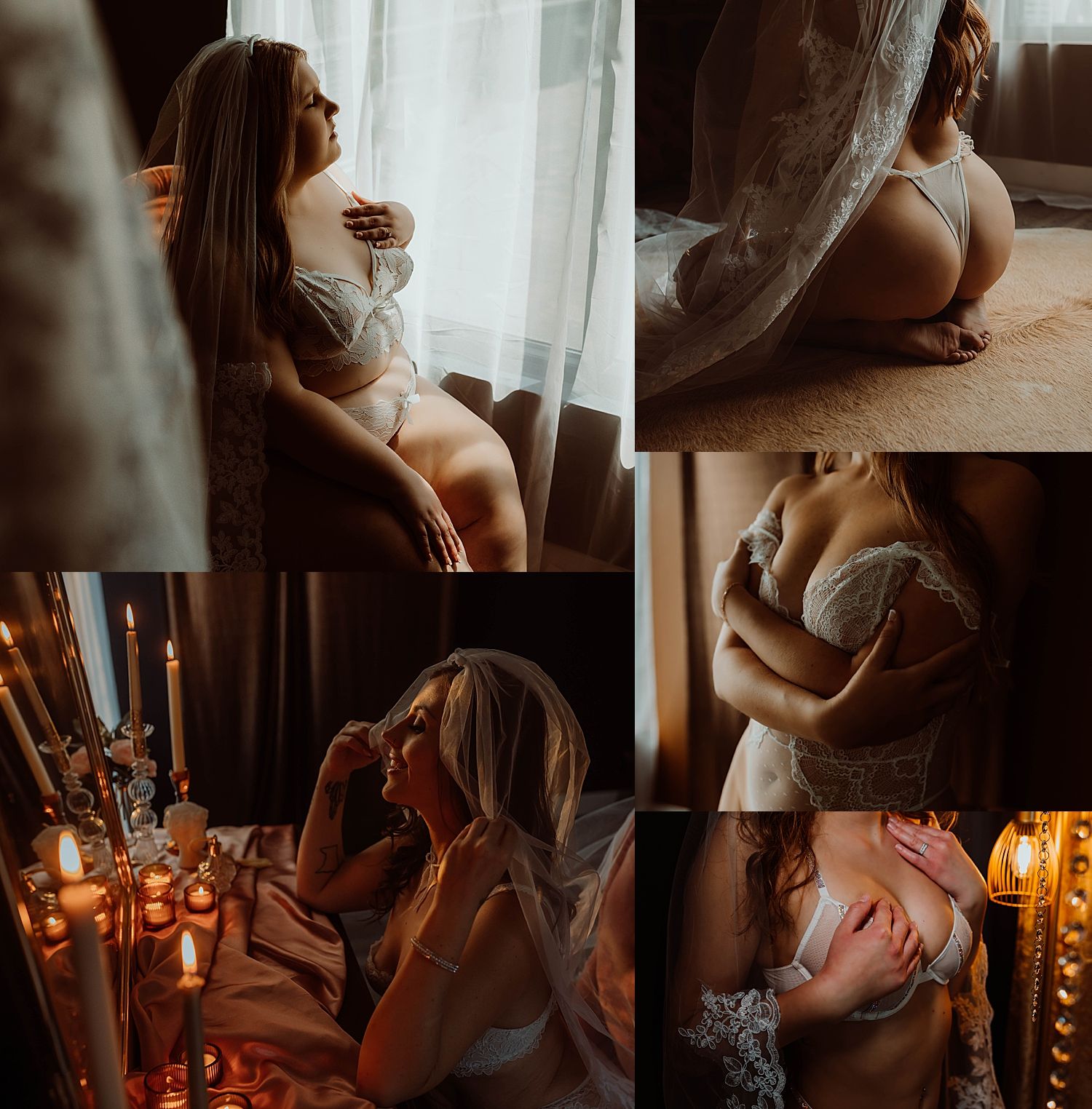 woman sits on studio floor in veil and lingerie showing wedding planning self-care