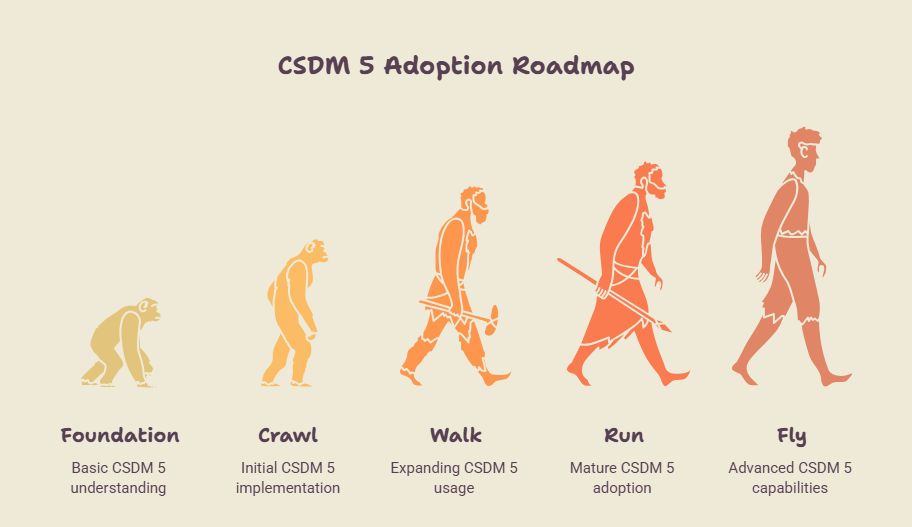 CSDM 5 Adoption Roadmap infographic showing evolution stages: Foundation, Crawl, Walk, Run, and Fly with human evolution imagery.
