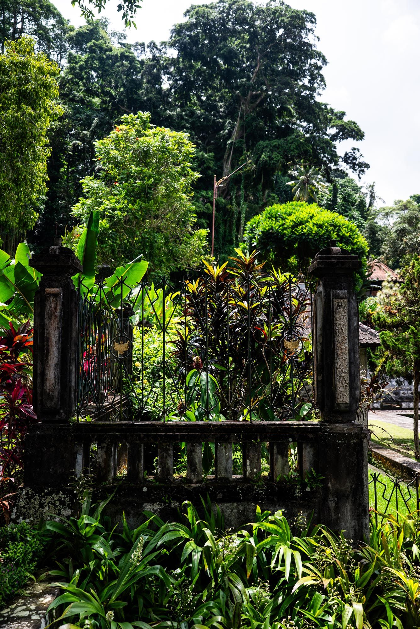 Ancient stone gate surrounded by lush tropical plants and towering trees in a verdant Balinese garden setting.