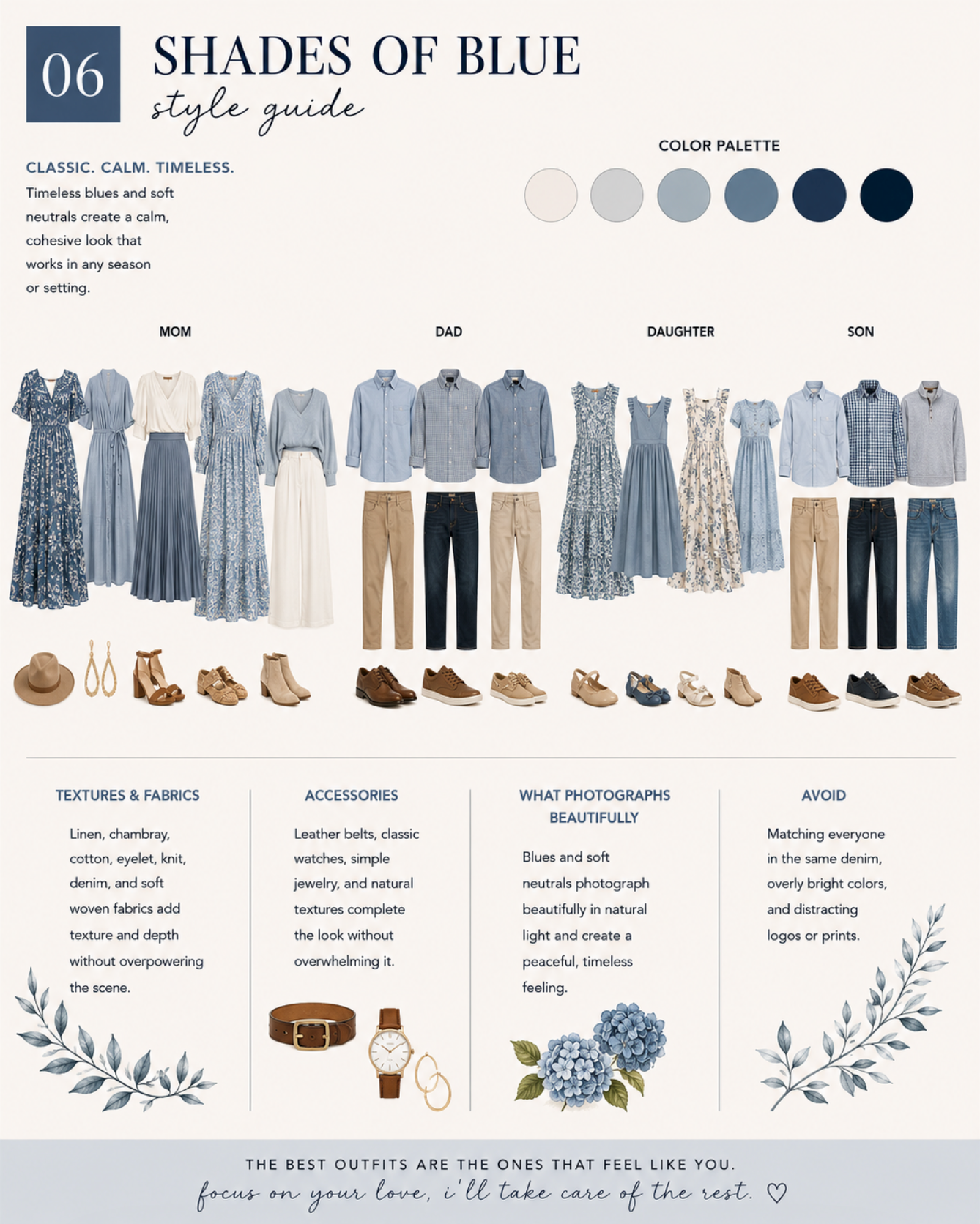 A shades of blue family photo style guide featuring outfit ideas in classic blue and neutral tones for mom, dad, daughter, and son.