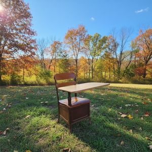 Vintage wooden school desk chair sits on green grass surrounded by colorful autumn trees under a bright blue sky.
