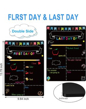 Double-sided first and last day of school chalkboard sign, 13.78x9.84 inches, with colorful fill-in fields.
