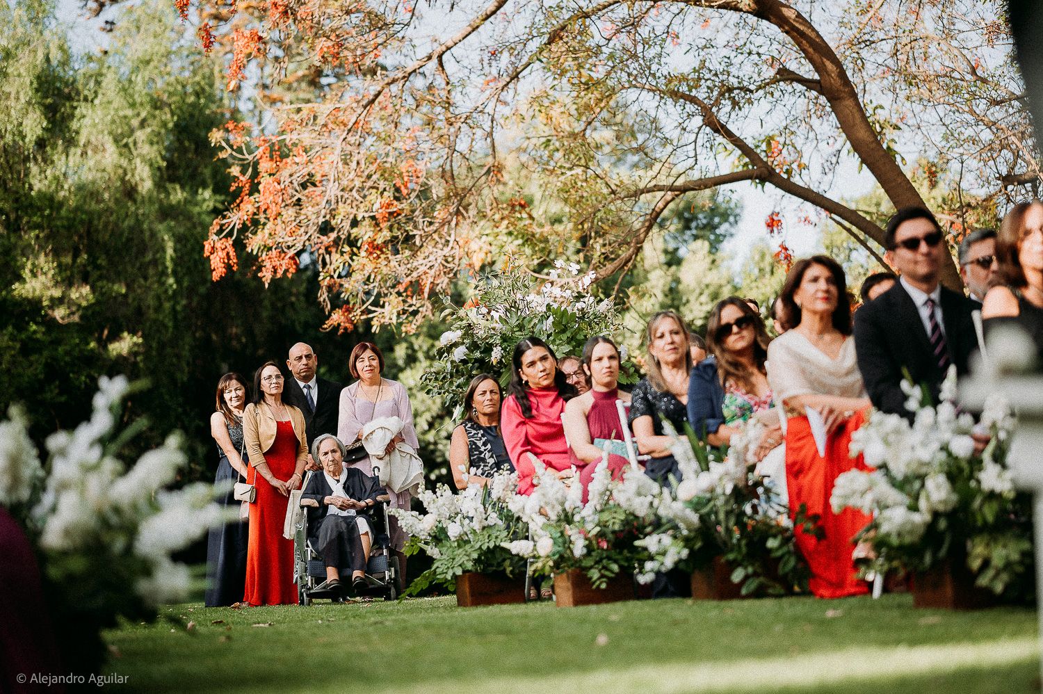 Wedding guests seated outdoors in a garden ceremony, surrounded by white floral arrangements and autumn-colored trees.