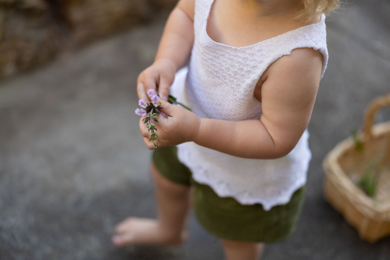 Young child holds small purple flowers while standing barefoot outdoors in Kelmscott during a branding session.