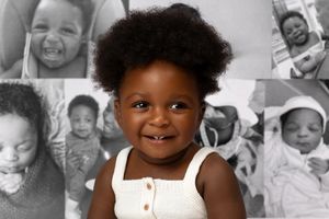 A collage of cheerful children with curly hair and smiles shows joyful expressions in black and white photos.