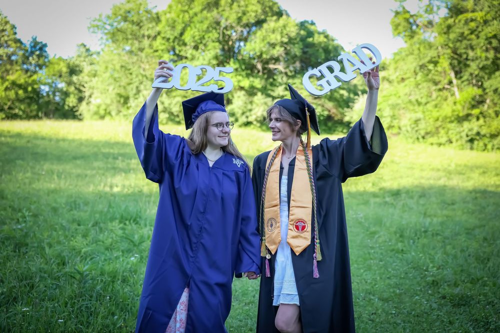 A graduation photoshoot sequence with blue cap and gown in a sunny outdoor setting.