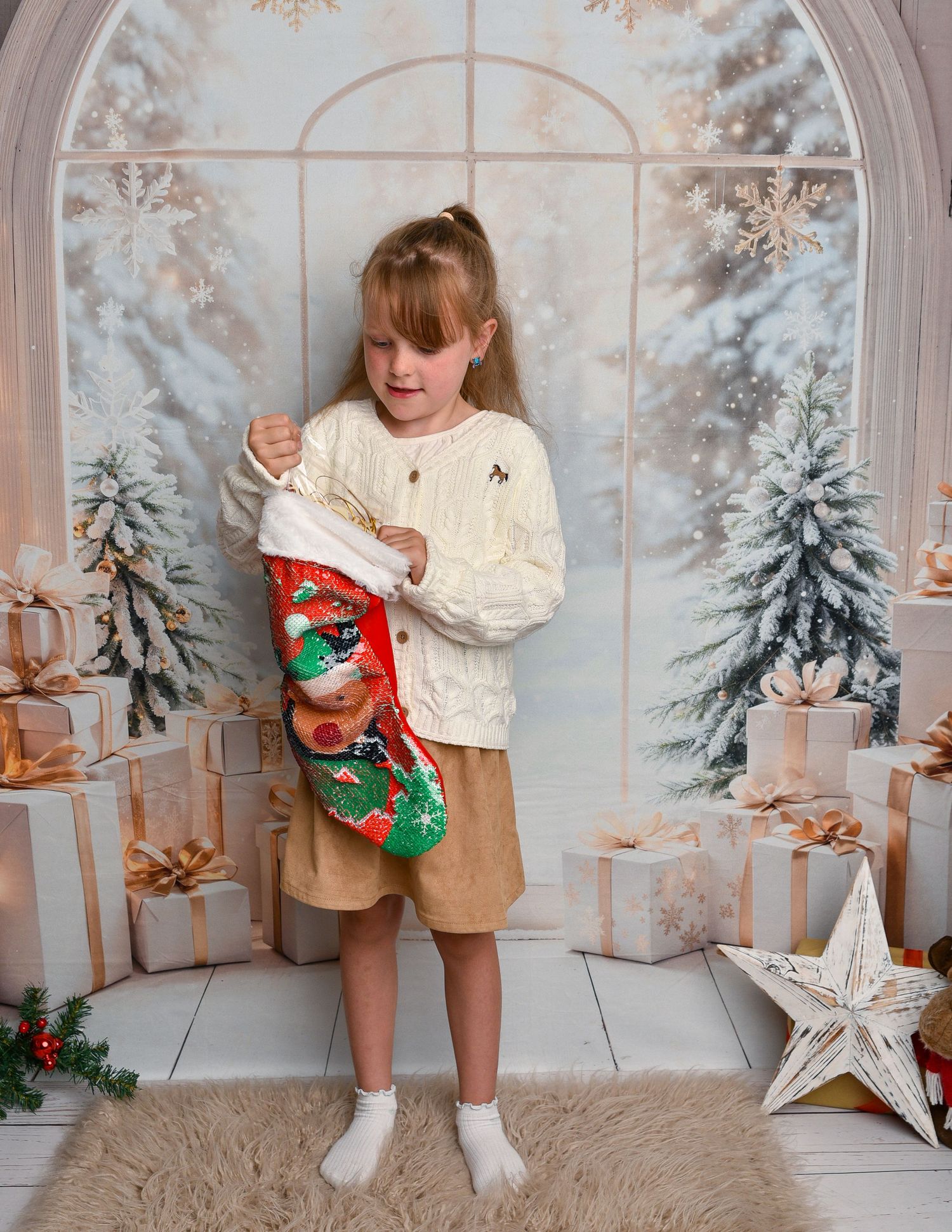 A girl getting out her Christmas present from  Santa during Christmas mini