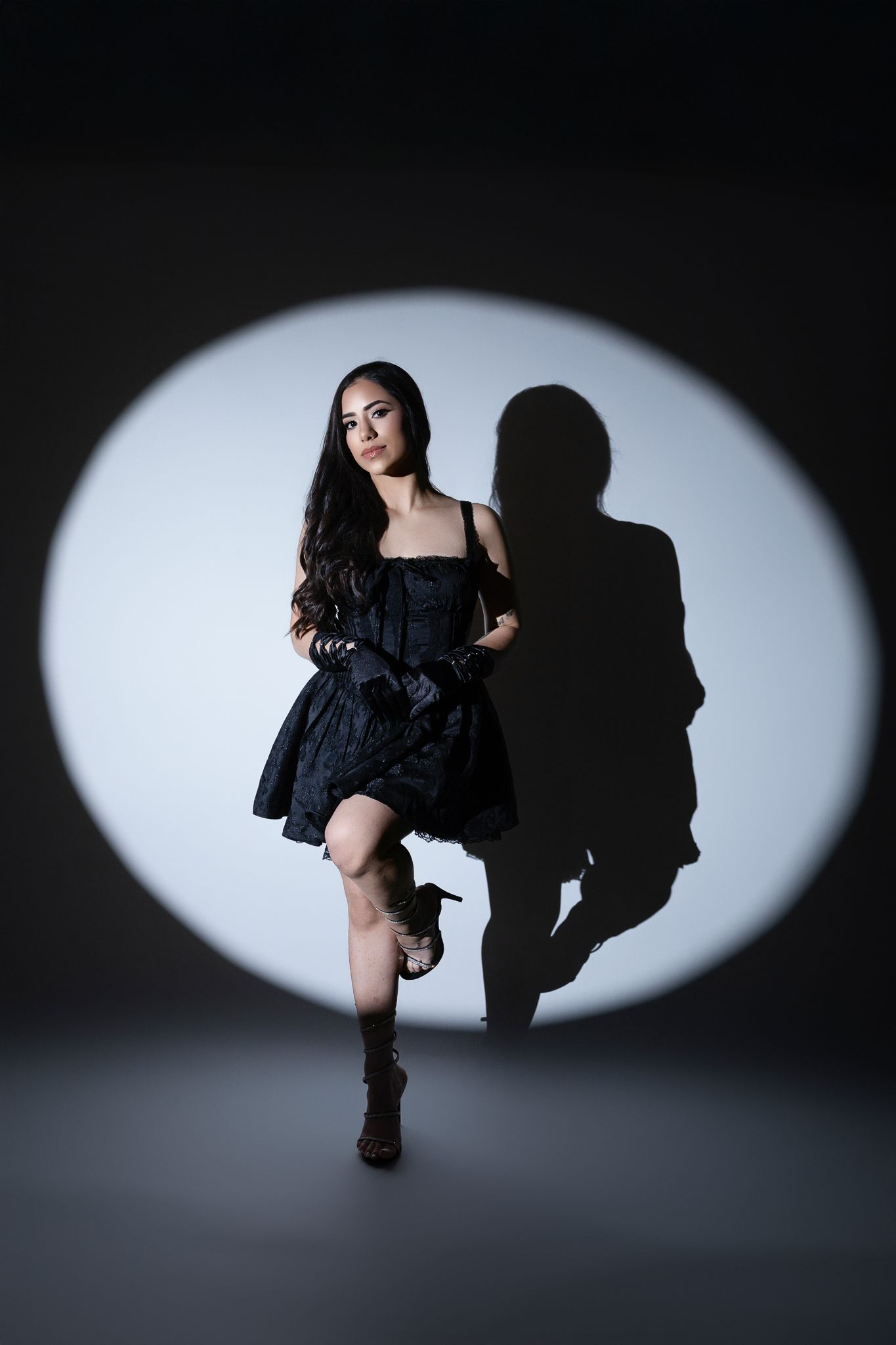 Dramatic portrait with spotlit figure in black dress casting shadow against white wall.