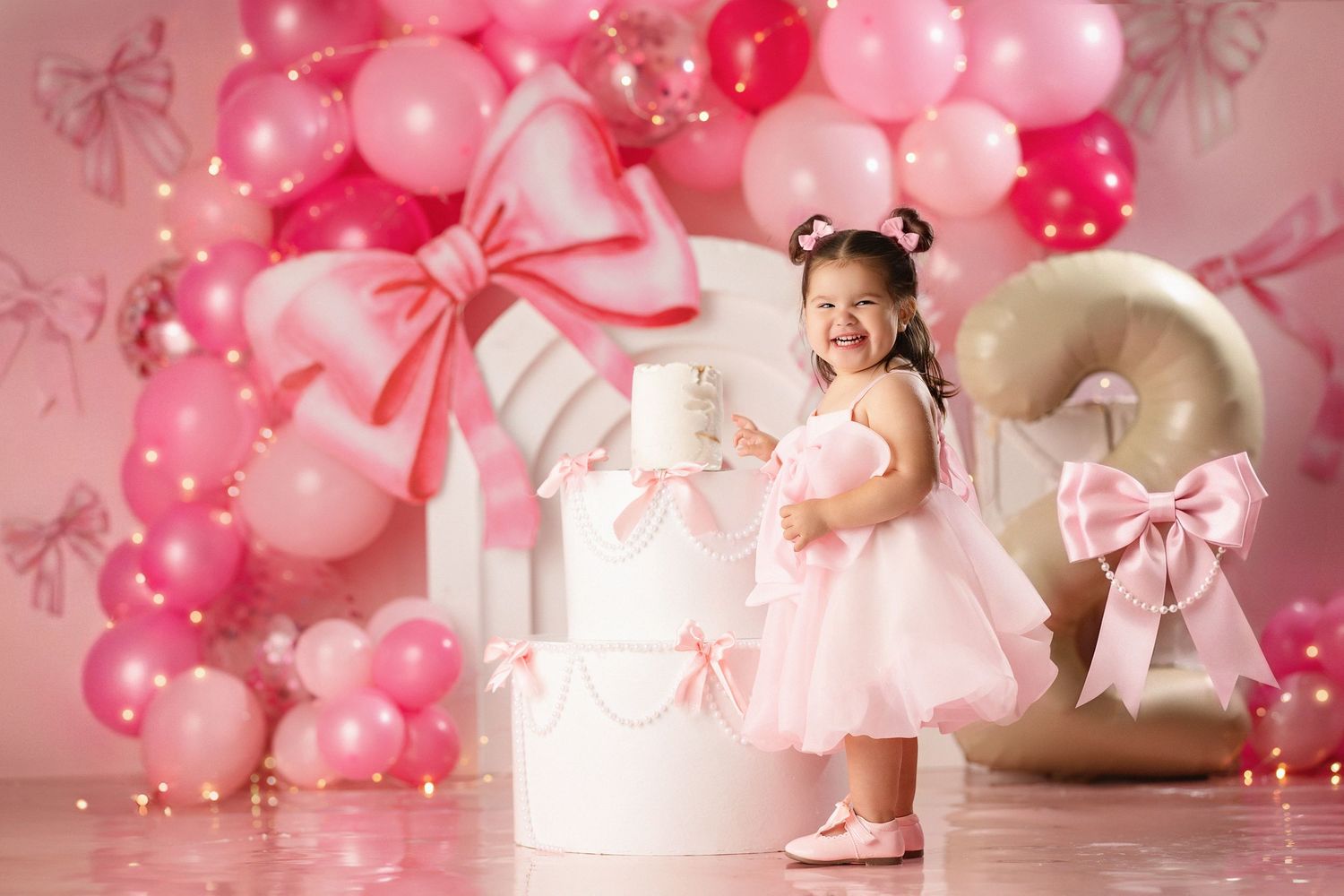 Baby girl in white dress celebrating with cake against magical Disney castle and balloon backdrop for first birthday!