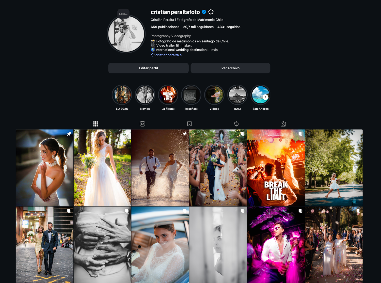 Instagram profile page of wedding photographer Cristian Peralta showing 578 posts and 13.8K followers.