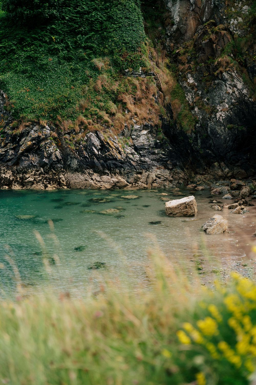 Scenic coastal view of rocky cliffs with lush green vegetation and turquoise waters meeting a sandy beach.