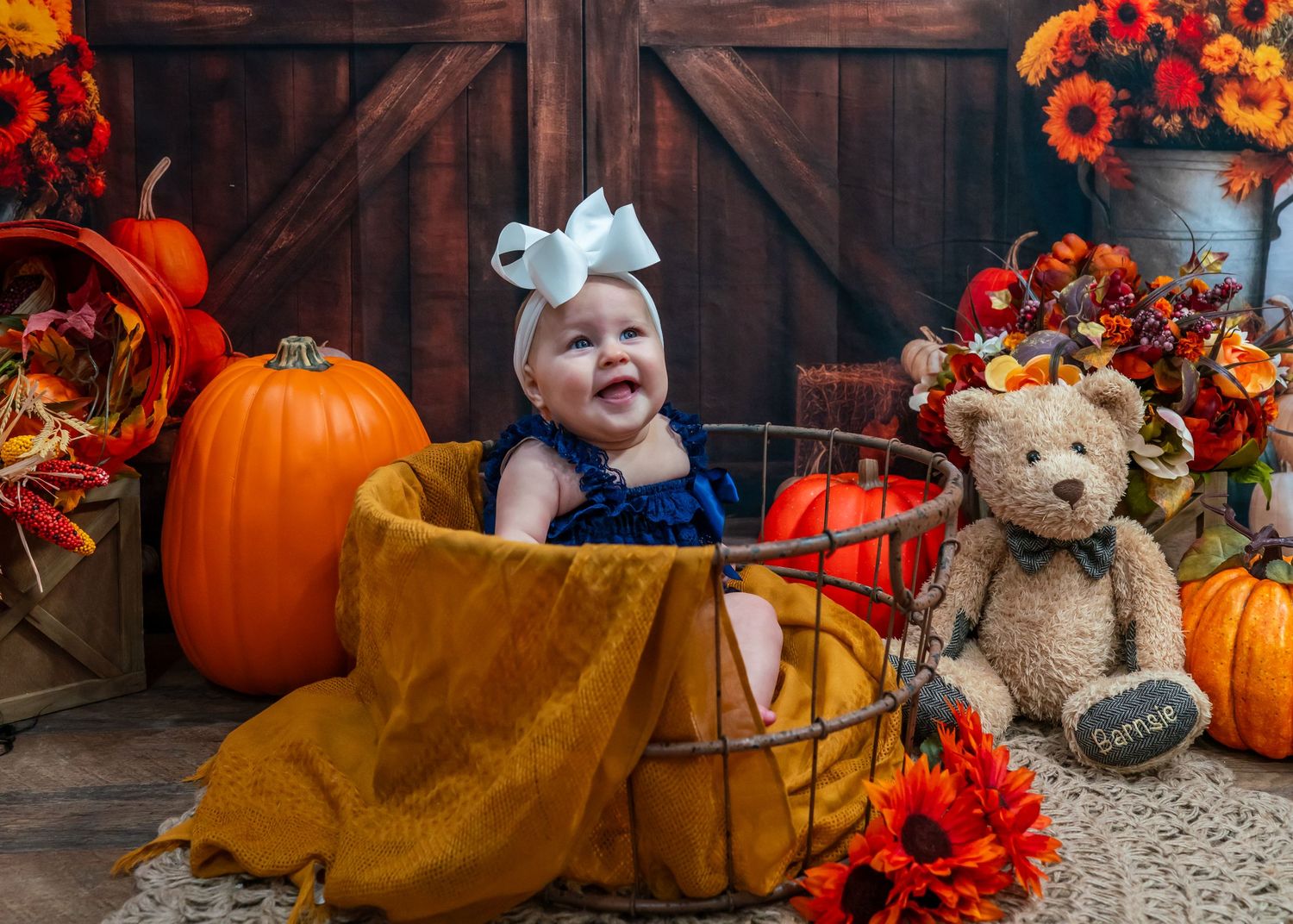 Smiling baby girl in navy dress sitting in a metal basket surrounded by pumpkins and fall flowers with a teddy bear.