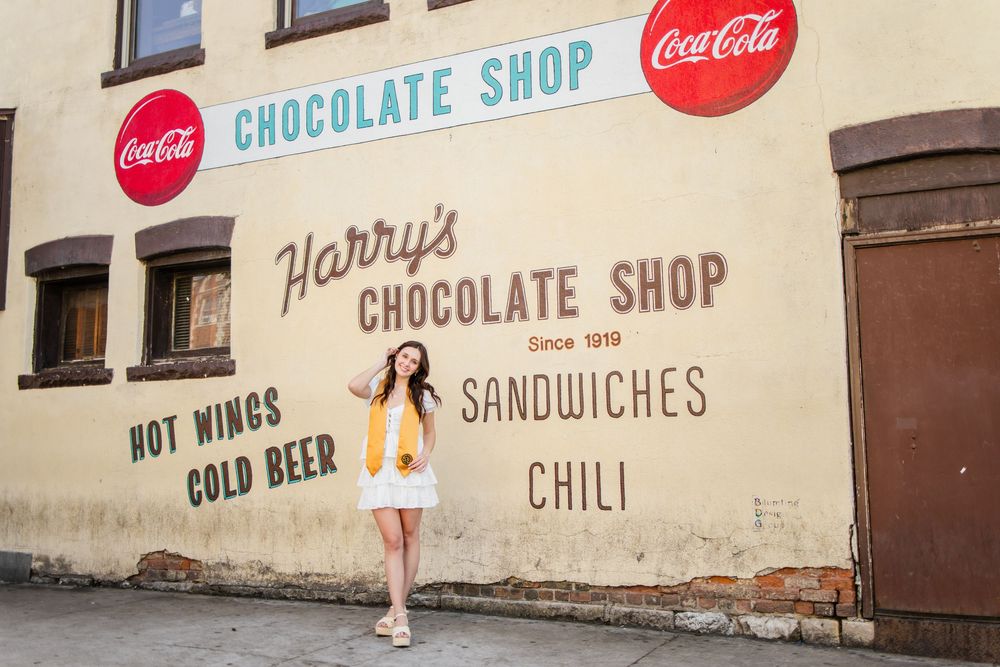 Senior and graduation photography at Purdue University at Harry's chocolate shop