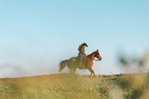 Silhouette of a cowboy riding horseback across a dusty hilltop against a bright blue sky at sunset.