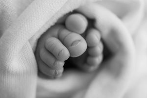 Black and white close-up of tiny newborn baby feet wrapped in soft white cloth.