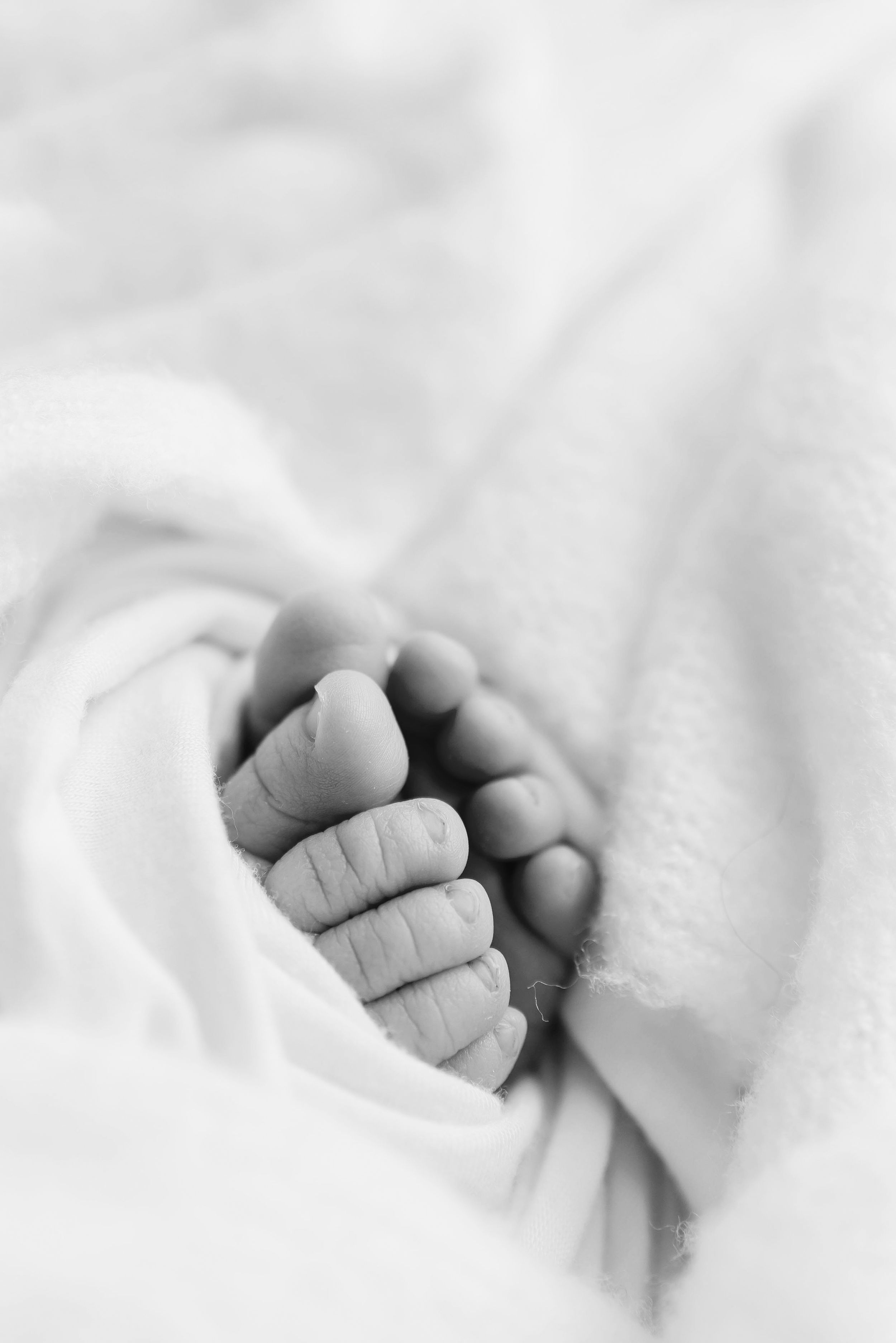Black and white close-up of tiny newborn baby feet resting on soft white blanket.