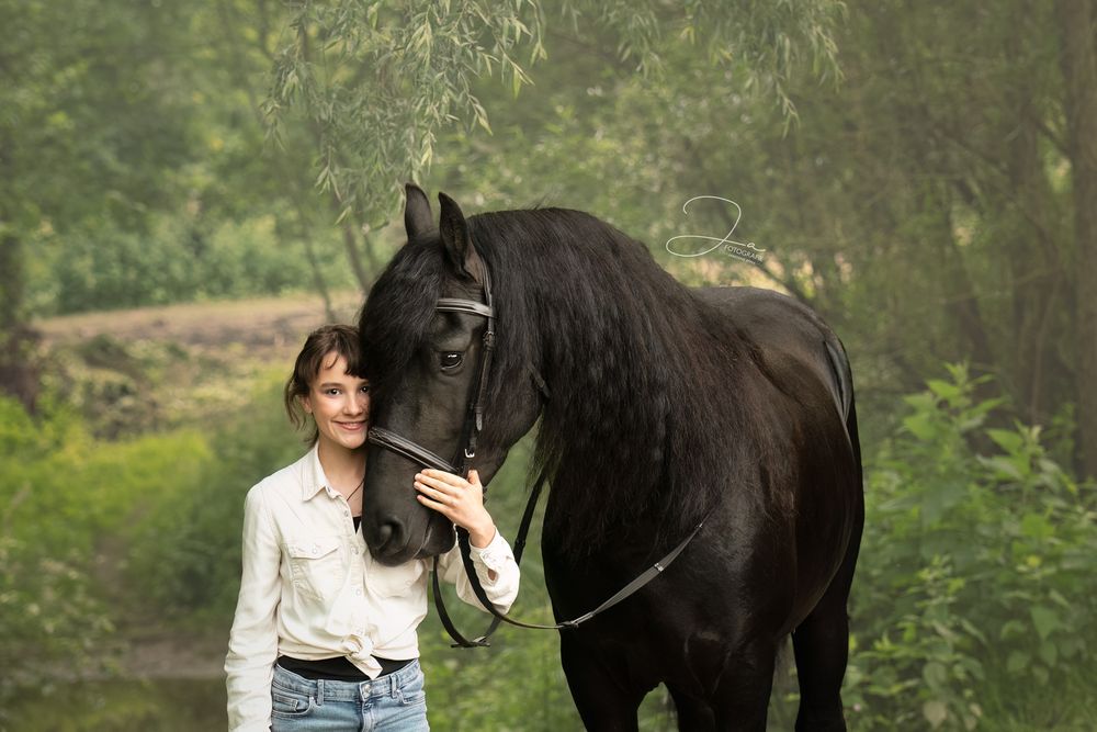 Paardenfotografie België — portret van Fries paard met kind in de natuur — JA Fotografie