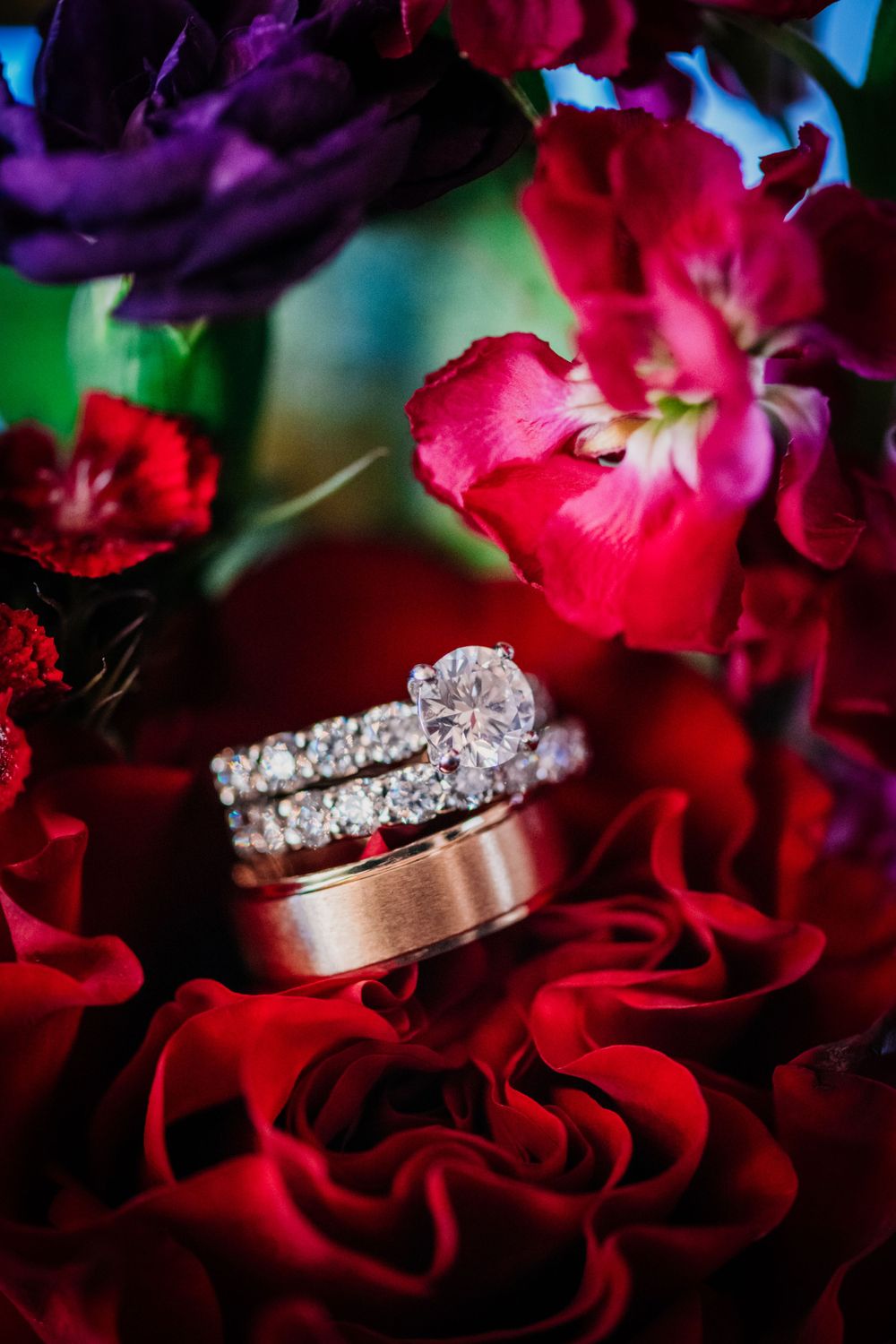 Wedding rings with diamonds nestled among vibrant red roses and pink flowers against a blurred colorful background.