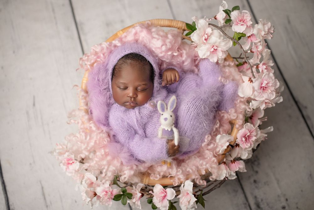 Best newborn photographer Ipswich and Brisbane – African baby girl in purple outfit surrounded by cherry blossoms, Springfield Lakes studio