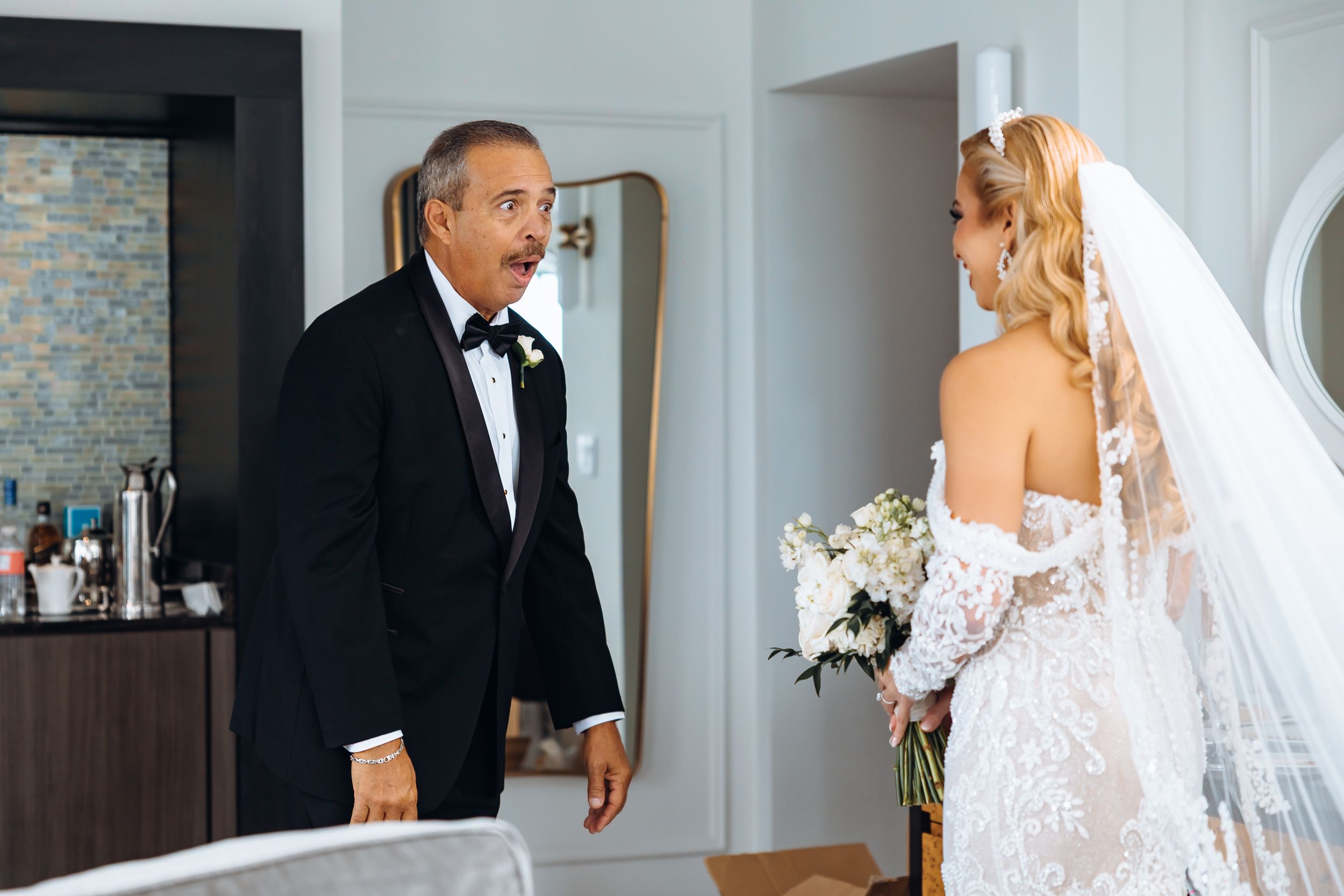 A collection of wedding moments showing the couple in elegant formal attire during their special day.