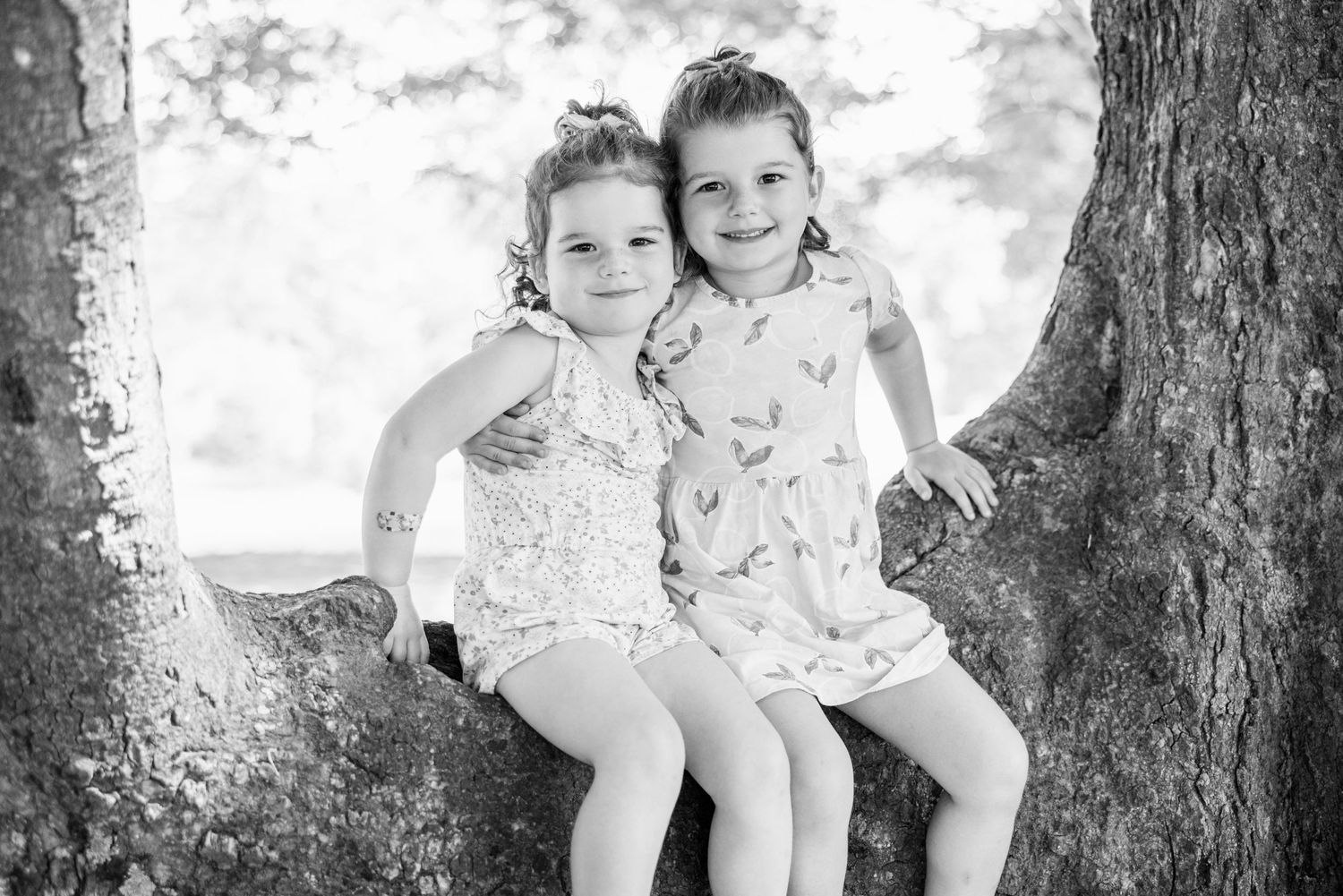 Two children sitting together on tree branch in black and white portrait.