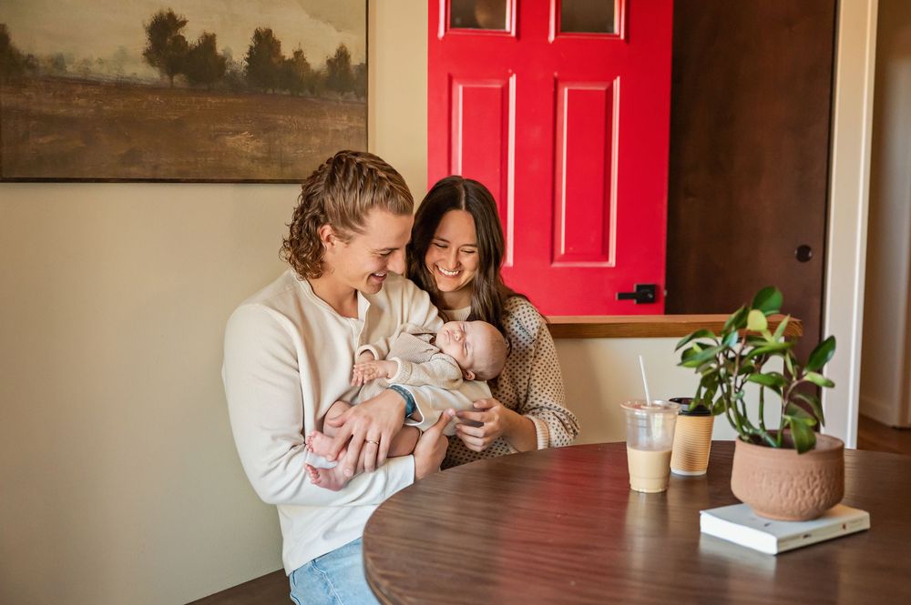A collage of cozy interior scenes showing tender moments between people in a warm, natural light setting.