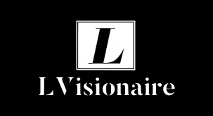 White text spelling 'LVisionaire' with a large letter L in a black square frame against a black background.